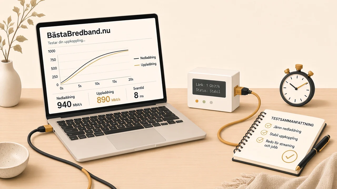 Hastighetstest på BästaBredband.nu med laptop, router och sammanfattning